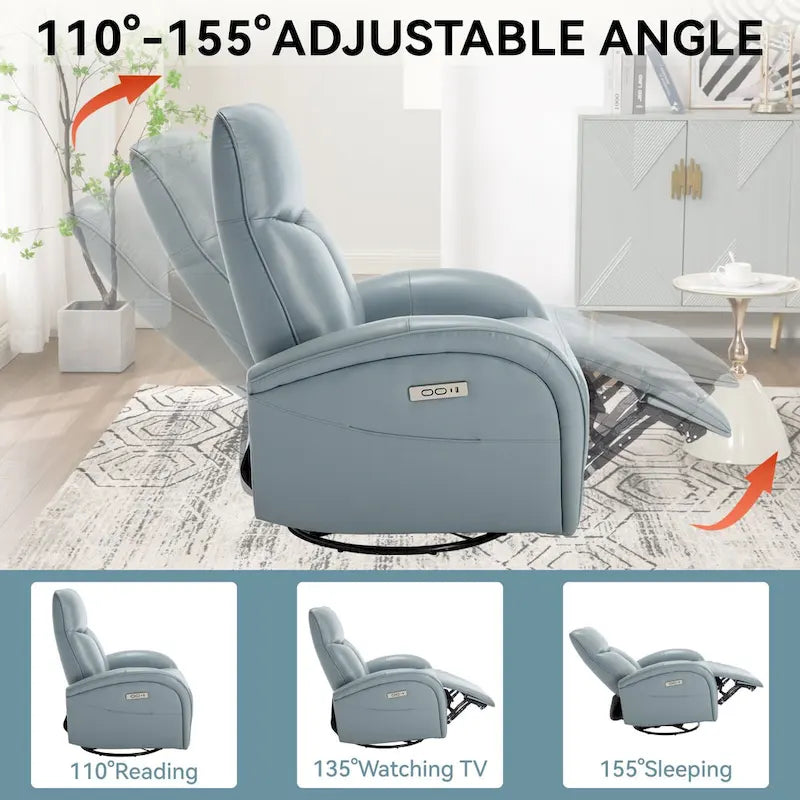Fauteuil inclinable électrique en cuir pivotant et à bascule, rotation maximale de 270 degrés, mécanisme de mouvement robuste avec USB et Type-C