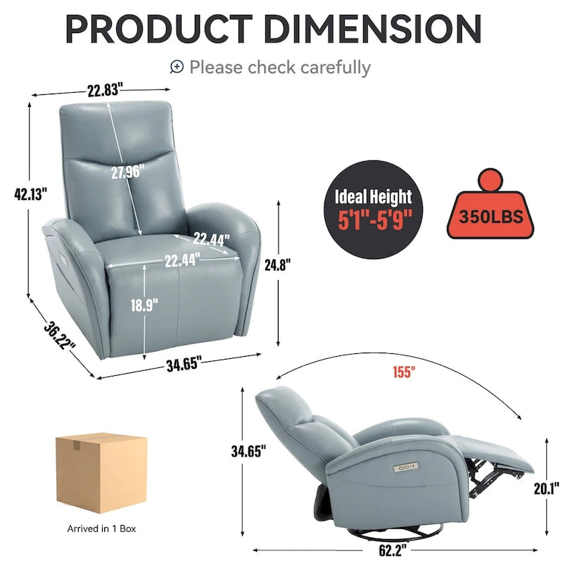 Fauteuil inclinable électrique en cuir pivotant et à bascule, rotation maximale de 270 degrés, mécanisme de mouvement robuste avec USB et Type-C