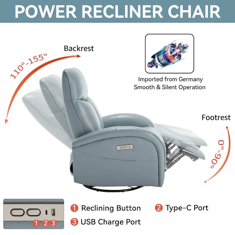Fauteuil inclinable électrique en cuir pivotant et à bascule, rotation maximale de 270 degrés, mécanisme de mouvement robuste avec USB et Type-C