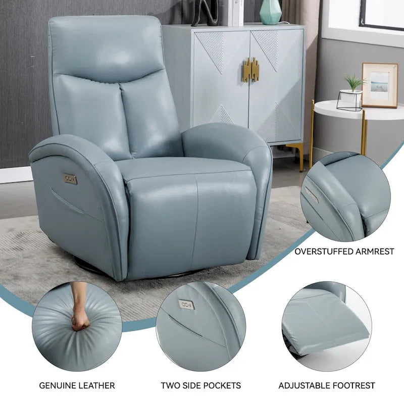 Fauteuil inclinable électrique en cuir pivotant et à bascule, rotation maximale de 270 degrés, mécanisme de mouvement robuste avec USB et Type-C