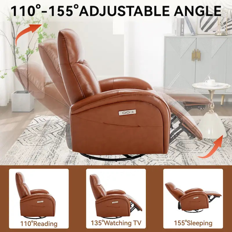 Fauteuil inclinable électrique en cuir pivotant et à bascule, rotation maximale de 270 degrés, mécanisme de mouvement robuste avec USB et Type-C