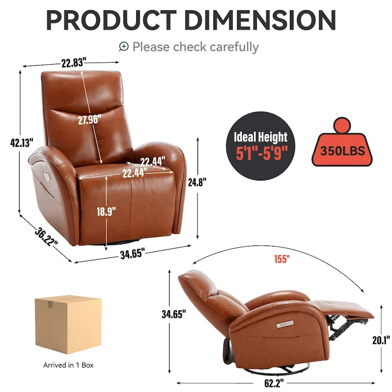 Fauteuil inclinable électrique en cuir pivotant et à bascule, rotation maximale de 270 degrés, mécanisme de mouvement robuste avec USB et Type-C