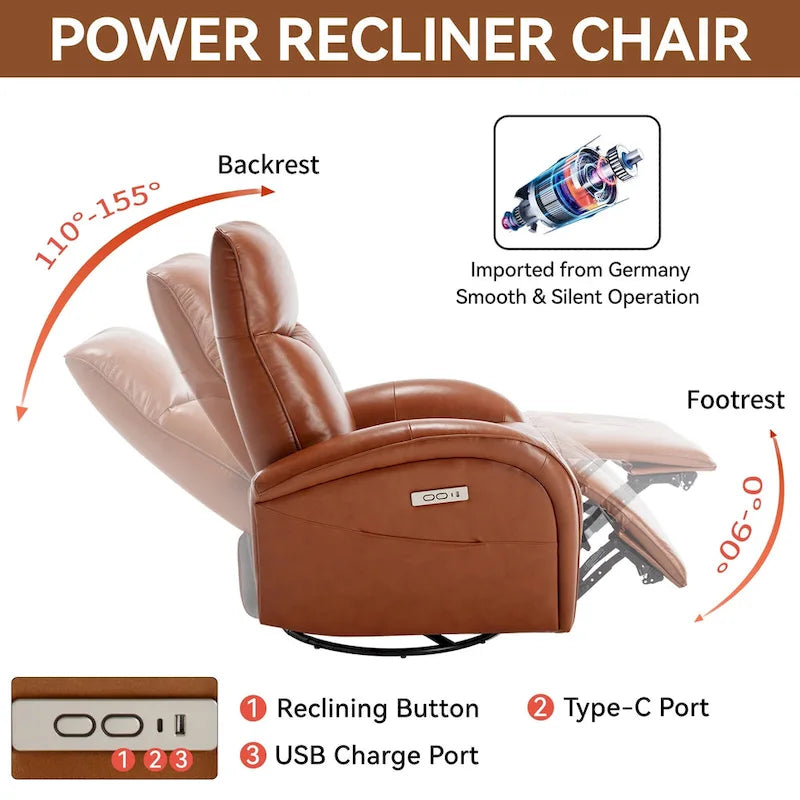 Fauteuil inclinable électrique en cuir pivotant et à bascule, rotation maximale de 270 degrés, mécanisme de mouvement robuste avec USB et Type-C