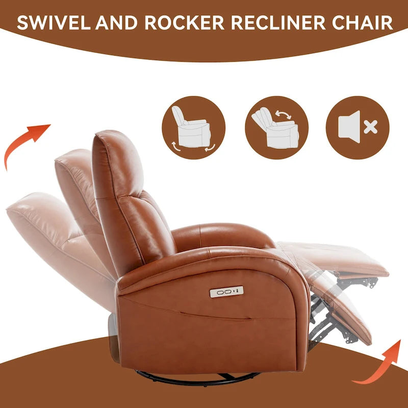 Fauteuil inclinable électrique en cuir pivotant et à bascule, rotation maximale de 270 degrés, mécanisme de mouvement robuste avec USB et Type-C