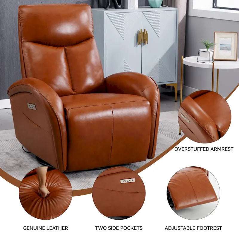 Fauteuil inclinable électrique en cuir pivotant et à bascule, rotation maximale de 270 degrés, mécanisme de mouvement robuste avec USB et Type-C