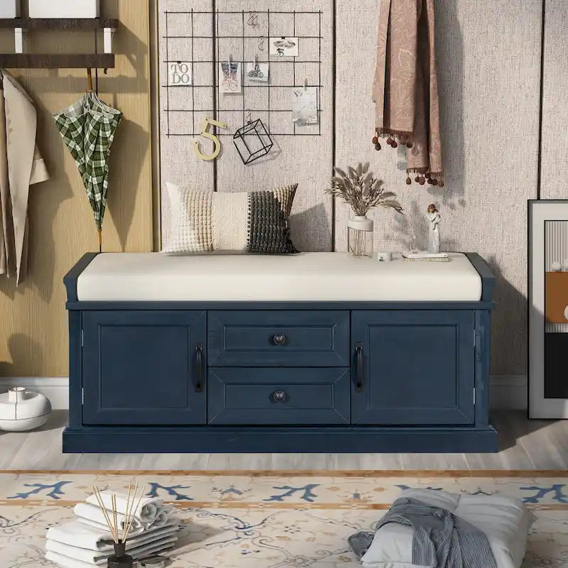 Banc de rangement avec 2 tiroirs et 2 placards, Banc à chaussures avec coussin amovible pour le salon