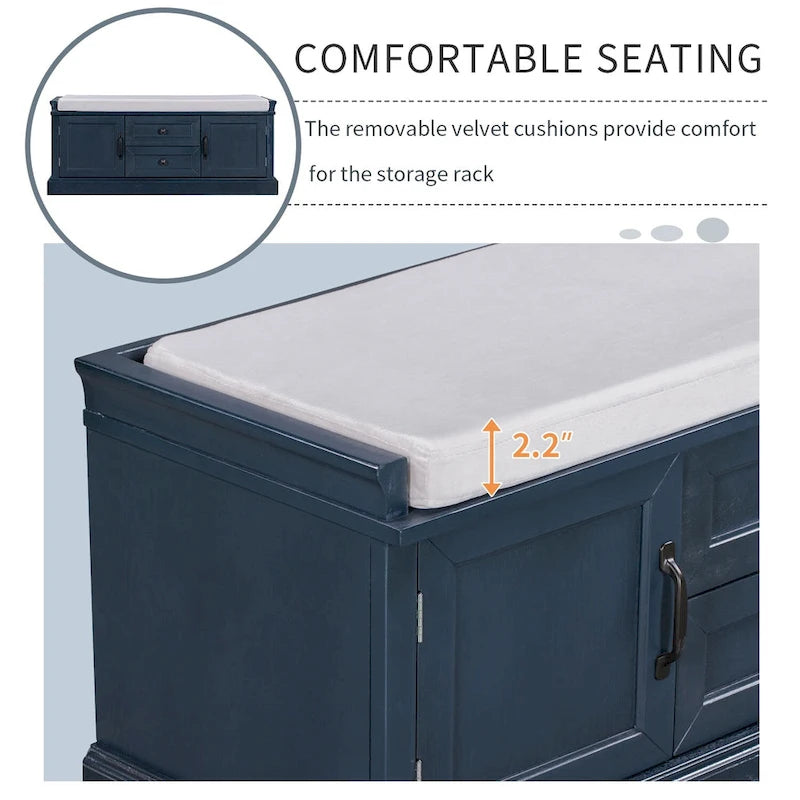 Banc de rangement avec 2 tiroirs et 2 placards, Banc à chaussures avec coussin amovible pour le salon