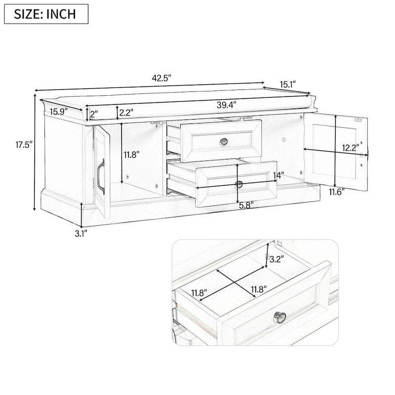 Banc de rangement avec 2 tiroirs et 2 placards, Banc à chaussures avec coussin amovible pour le salon
