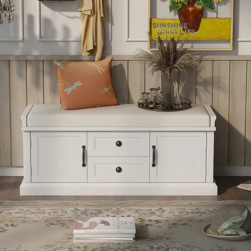 Banc de rangement avec 2 tiroirs et 2 placards, Banc à chaussures avec coussin amovible pour le salon
