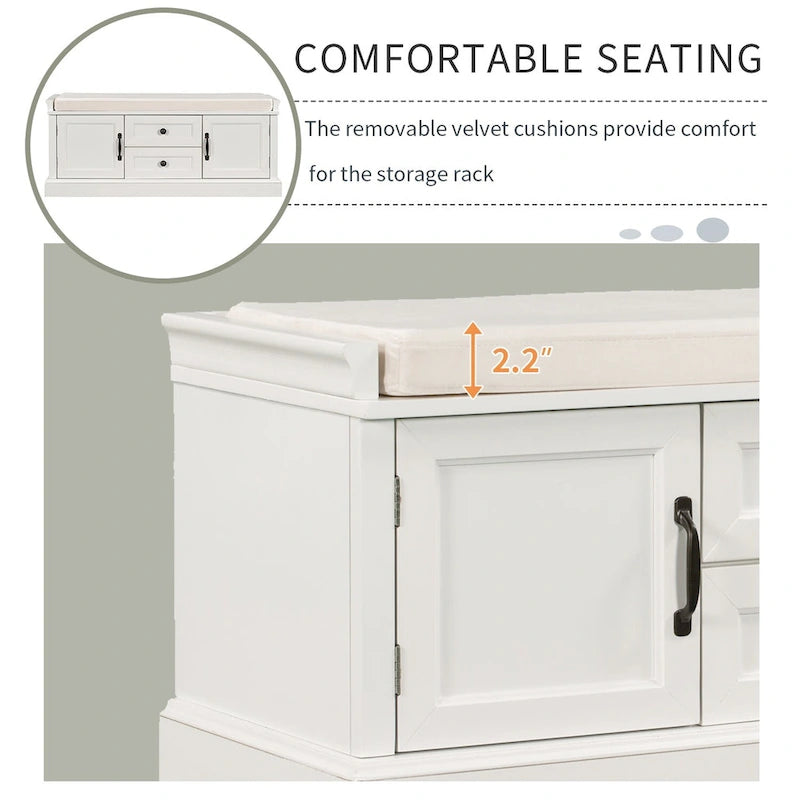 Banc de rangement avec 2 tiroirs et 2 placards, Banc à chaussures avec coussin amovible pour le salon