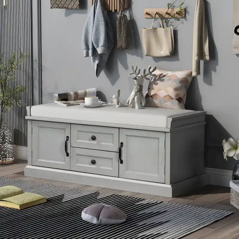 Banc de rangement avec 2 tiroirs et 2 placards, Banc à chaussures avec coussin amovible pour le salon