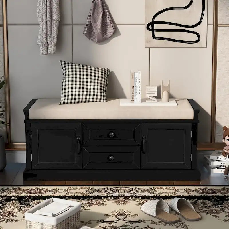 Banc de rangement avec 2 tiroirs et 2 placards, Banc à chaussures avec coussin amovible pour le salon