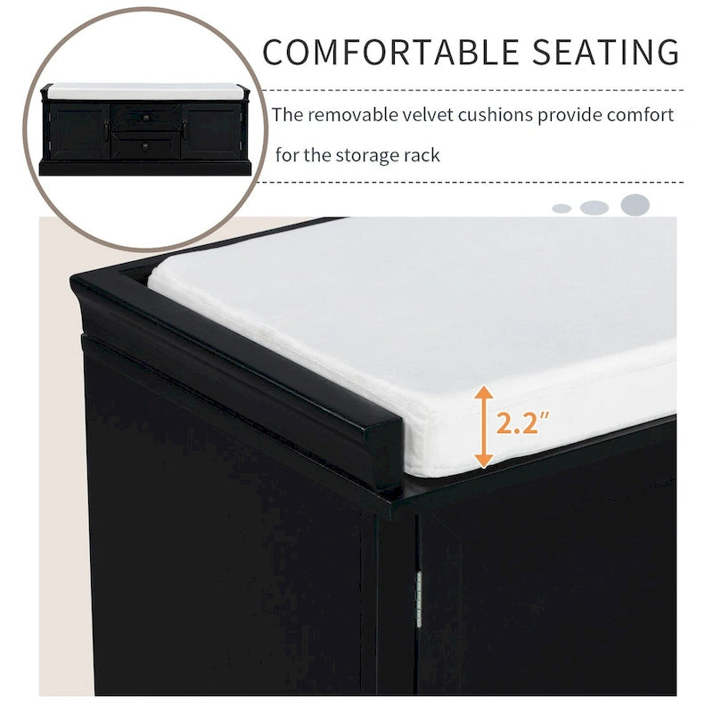 Banc de rangement avec 2 tiroirs et 2 placards, Banc à chaussures avec coussin amovible pour le salon