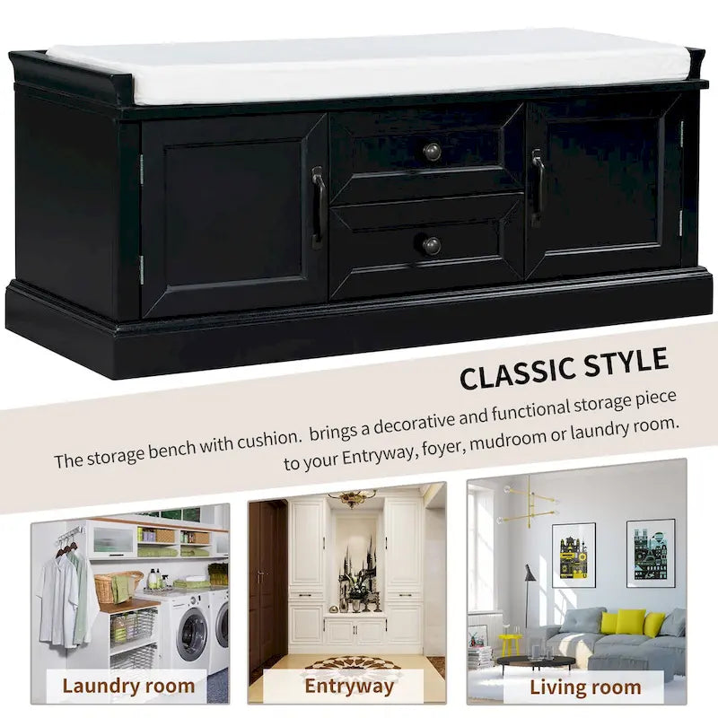 Banc de rangement avec 2 tiroirs et 2 placards, Banc à chaussures avec coussin amovible pour le salon