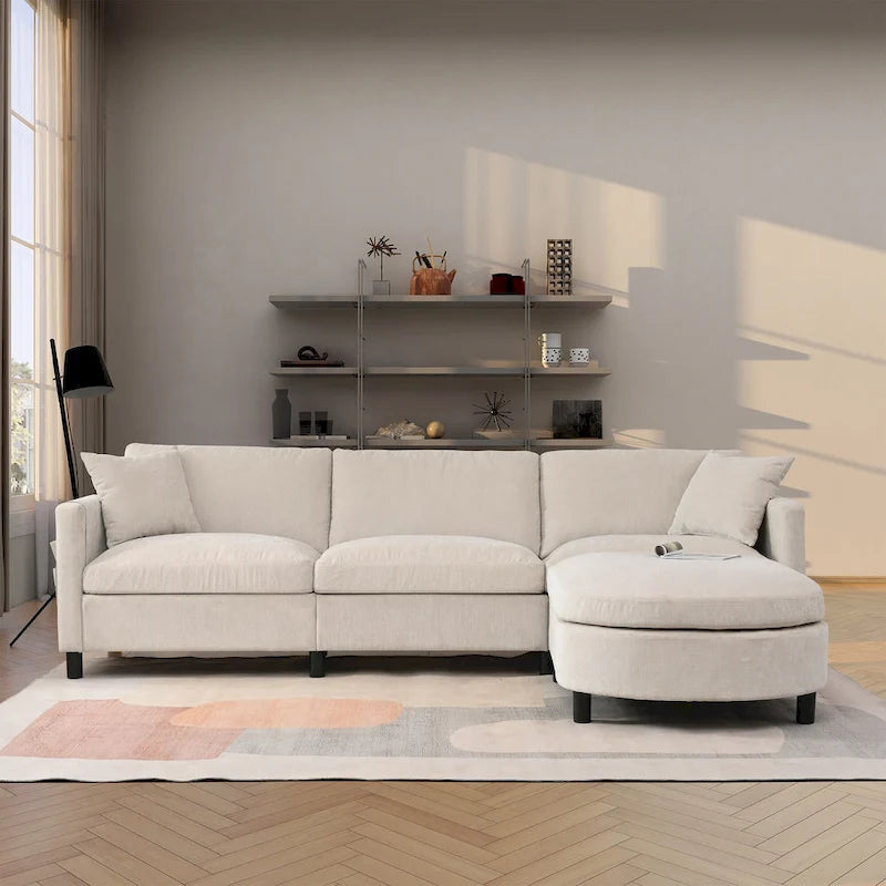 Beige 107.87 Spacious 4-Seater Sofa with Movable Ottoman, Removable Cushions, and Convenient Armrest Storage