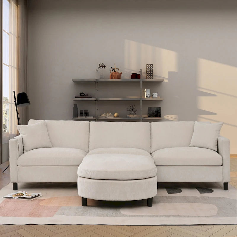 Canapé spacieux 4 places beige 107,87 avec pouf mobile, coussins amovibles et rangement pratique dans les accoudoirs
