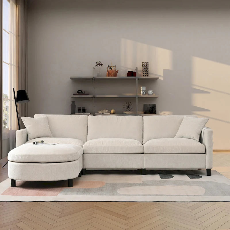 Canapé spacieux 4 places beige 107,87 avec pouf mobile, coussins amovibles et rangement pratique dans les accoudoirs