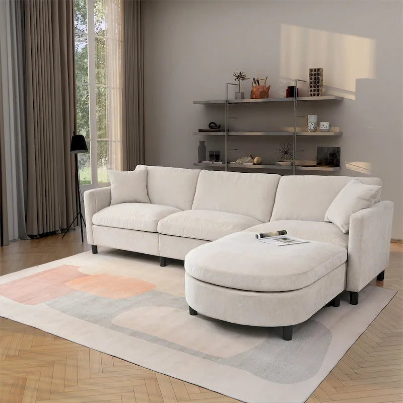 Canapé spacieux 4 places beige 107,87 avec pouf mobile, coussins amovibles et rangement pratique dans les accoudoirs