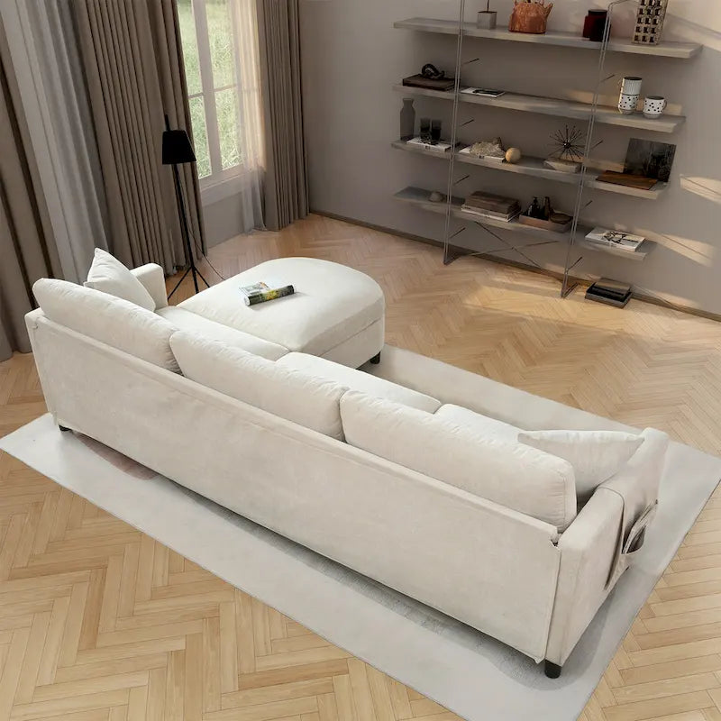 Canapé spacieux 4 places beige 107,87 avec pouf mobile, coussins amovibles et rangement pratique dans les accoudoirs