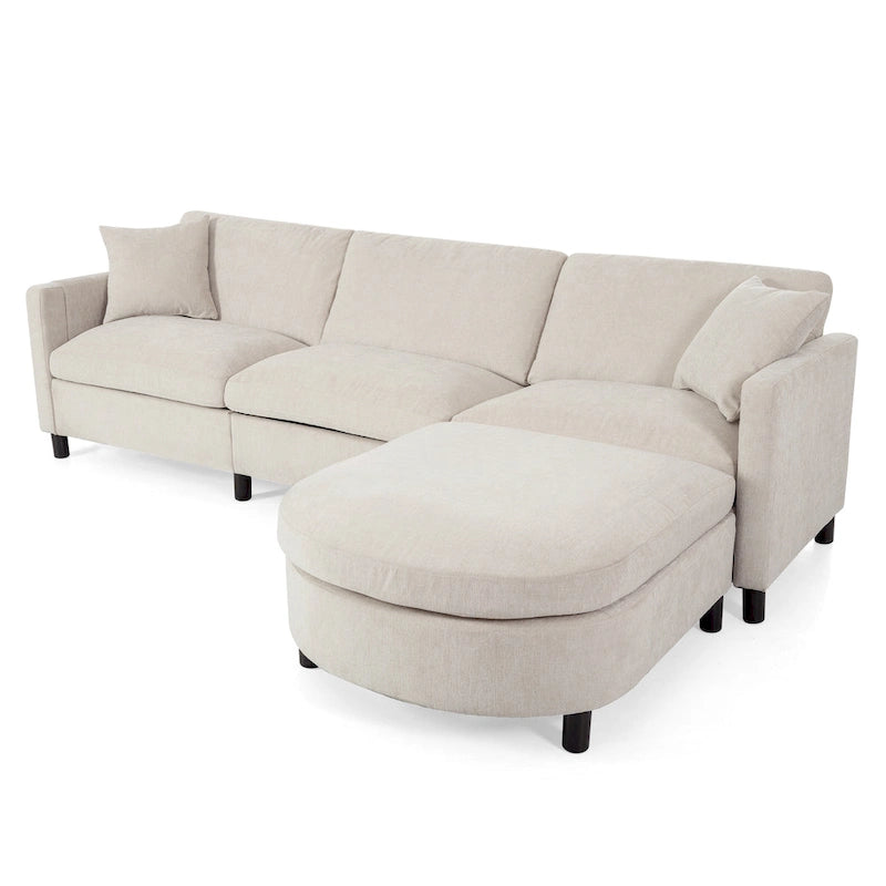Canapé spacieux 4 places beige 107,87 avec pouf mobile, coussins amovibles et rangement pratique dans les accoudoirs