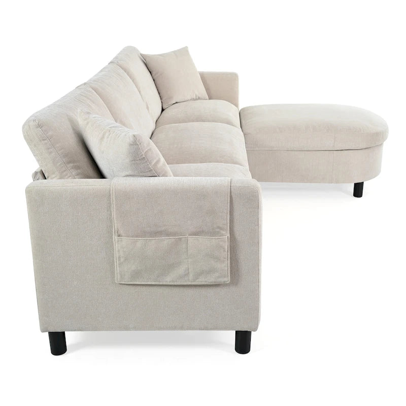 Canapé spacieux 4 places beige 107,87 avec pouf mobile, coussins amovibles et rangement pratique dans les accoudoirs