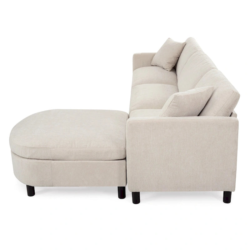 Canapé spacieux 4 places beige 107,87 avec pouf mobile, coussins amovibles et rangement pratique dans les accoudoirs