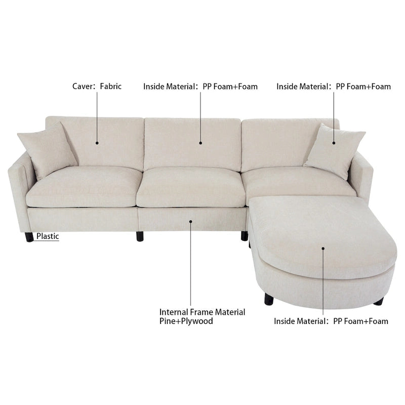 Canapé spacieux 4 places beige 107,87 avec pouf mobile, coussins amovibles et rangement pratique dans les accoudoirs