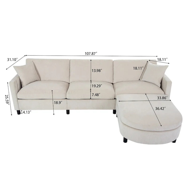 Canapé spacieux 4 places beige 107,87 avec pouf mobile, coussins amovibles et rangement pratique dans les accoudoirs