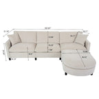 Canapé spacieux 4 places beige 107,87 avec pouf mobile, coussins amovibles et rangement pratique dans les accoudoirs