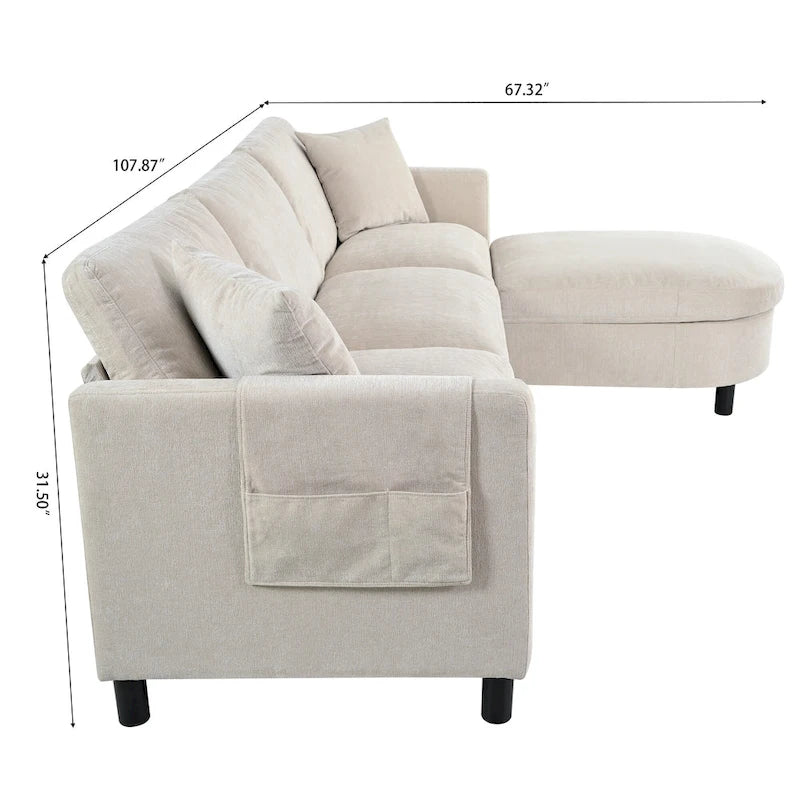 Canapé spacieux 4 places beige 107,87 avec pouf mobile, coussins amovibles et rangement pratique dans les accoudoirs
