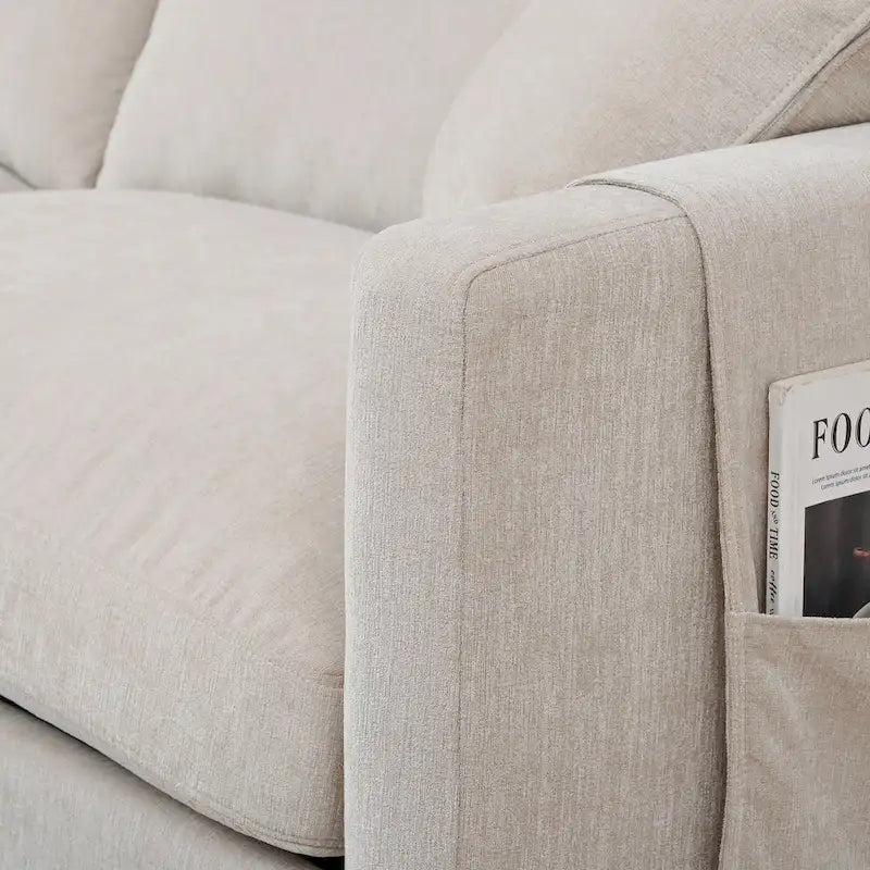 Canapé spacieux 4 places beige 107,87 avec pouf mobile, coussins amovibles et rangement pratique dans les accoudoirs