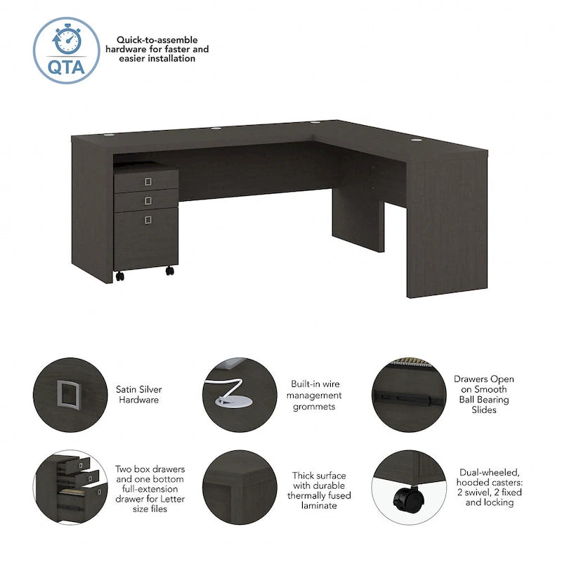 Bureau d'ordinateur en L 72W avec tiroirs par