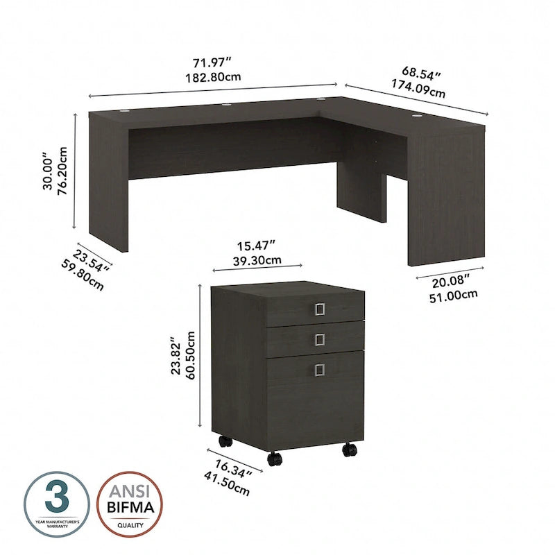 Bureau d'ordinateur en L 72W avec tiroirs par