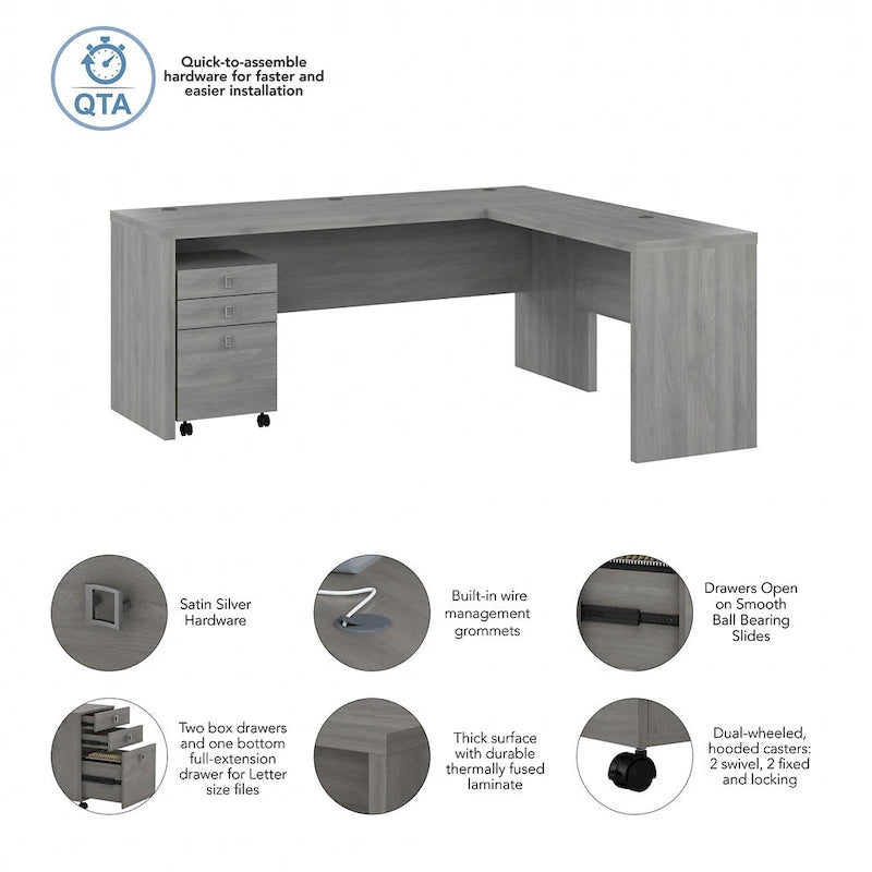 Bureau d'ordinateur en L 72W avec tiroirs par