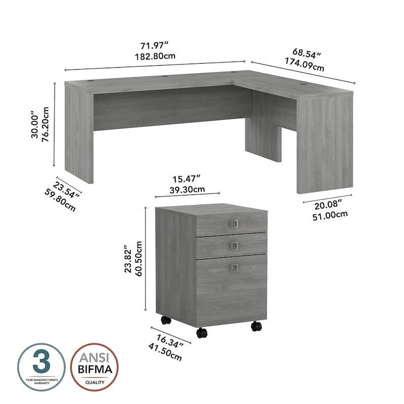 Bureau d'ordinateur en L 72W avec tiroirs par