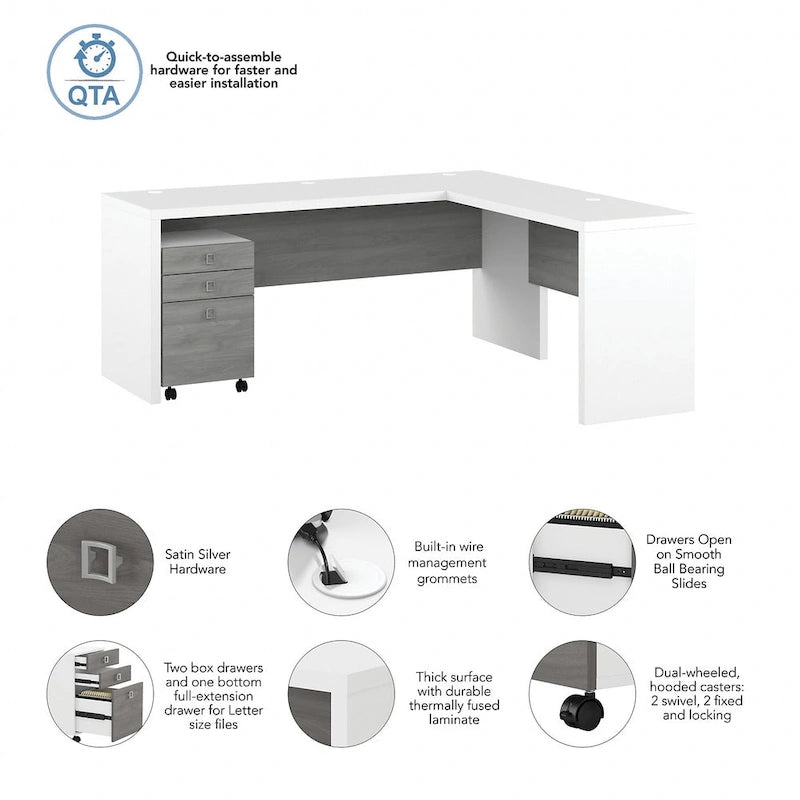 Bureau d'ordinateur en L 72W avec tiroirs par