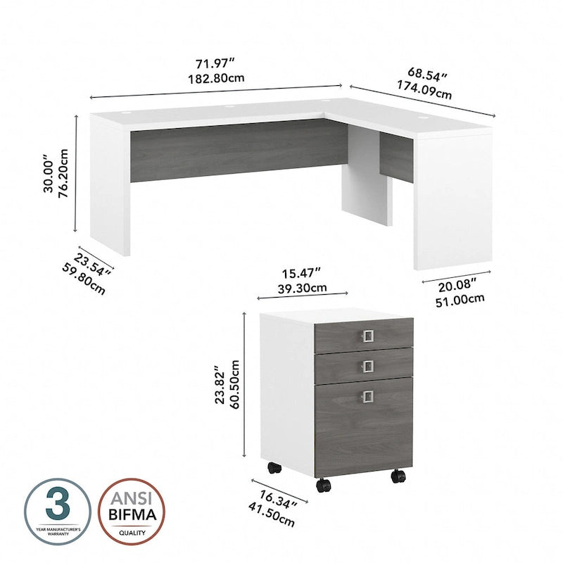 Bureau d'ordinateur en L 72W avec tiroirs par