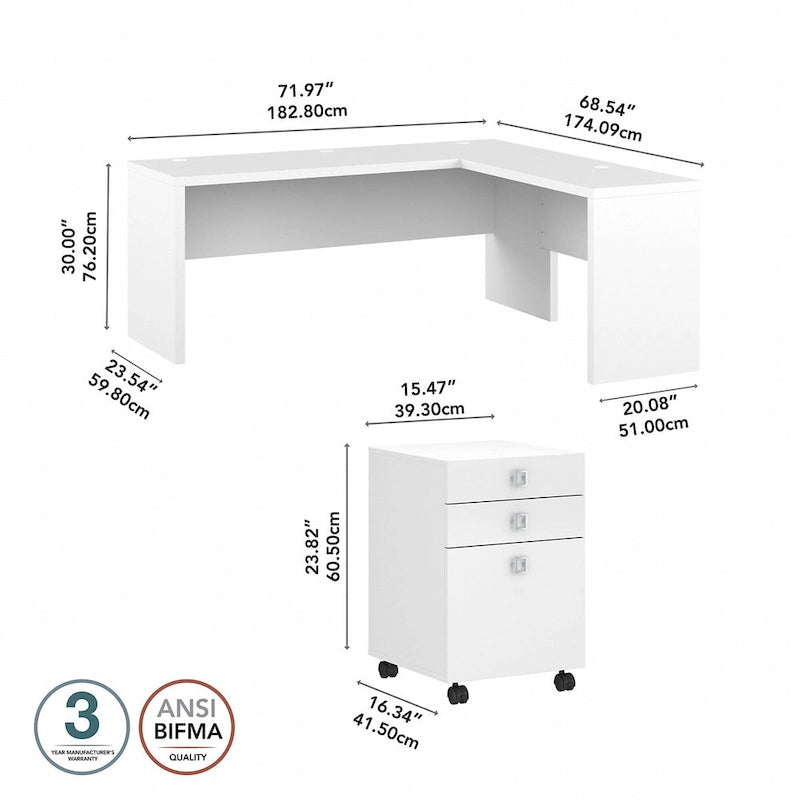Bureau d'ordinateur en L 72W avec tiroirs par