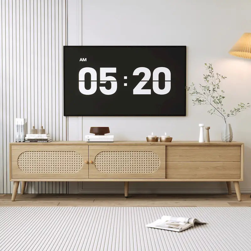 Meuble TV pour téléviseurs jusqu'à 80 pouces, Console multimédia de style ferme moderne, Meuble de divertissement avec pieds en bois massif