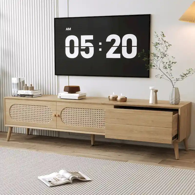 Meuble TV pour téléviseurs jusqu'à 80 pouces, Console multimédia de style ferme moderne, Meuble de divertissement avec pieds en bois massif