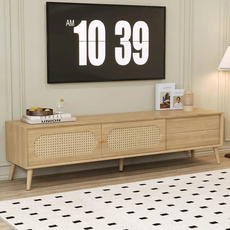 Meuble TV pour téléviseurs jusqu'à 80 pouces, Console multimédia de style ferme moderne, Meuble de divertissement avec pieds en bois massif