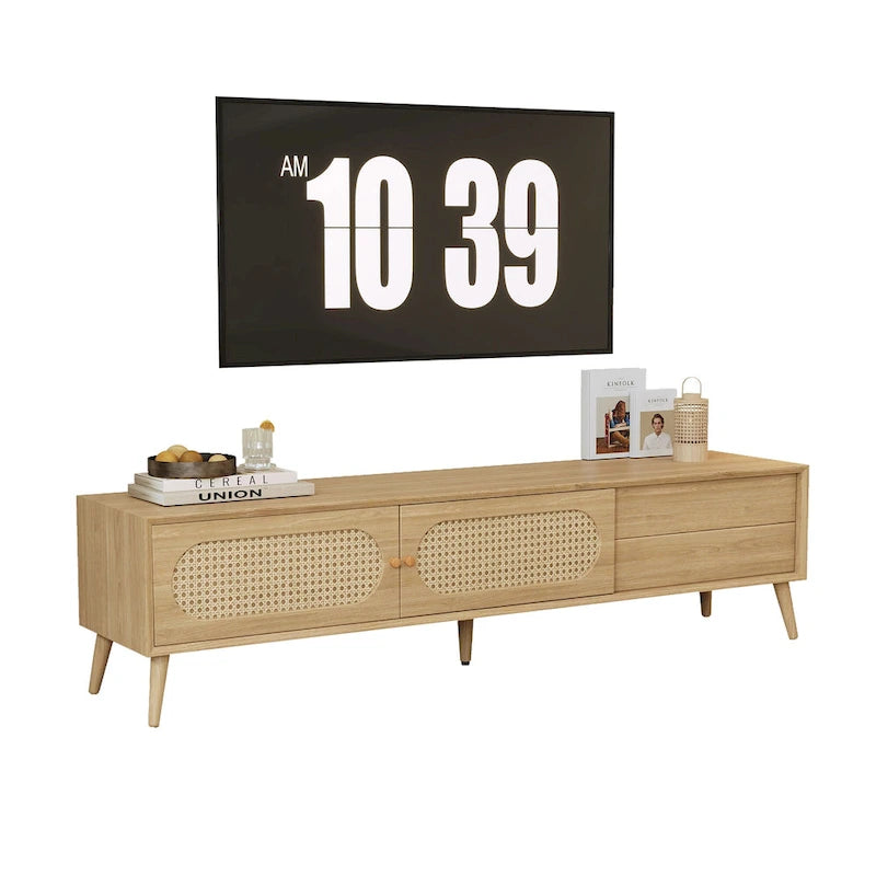 Meuble TV pour téléviseurs jusqu'à 80 pouces, Console multimédia de style ferme moderne, Meuble de divertissement avec pieds en bois massif