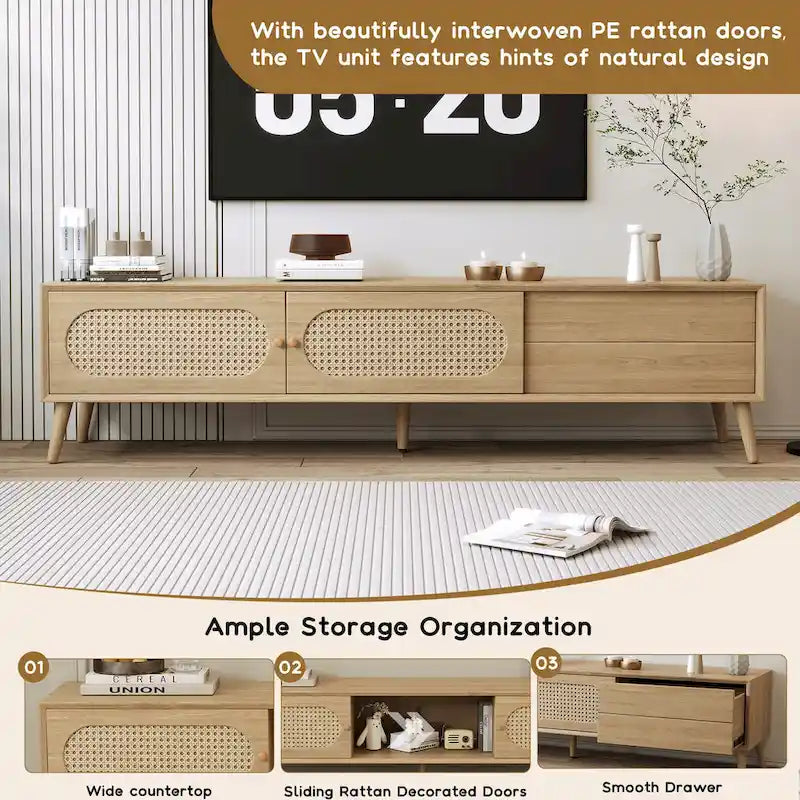 Meuble TV pour téléviseurs jusqu'à 80 pouces, Console multimédia de style ferme moderne, Meuble de divertissement avec pieds en bois massif