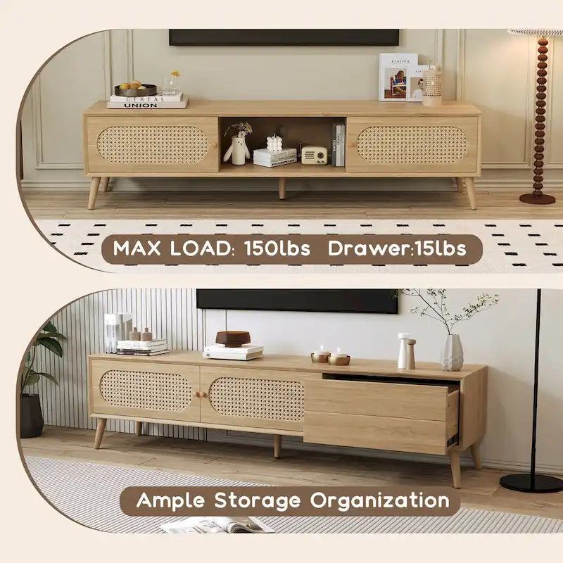 Meuble TV pour téléviseurs jusqu'à 80 pouces, Console multimédia de style ferme moderne, Meuble de divertissement avec pieds en bois massif