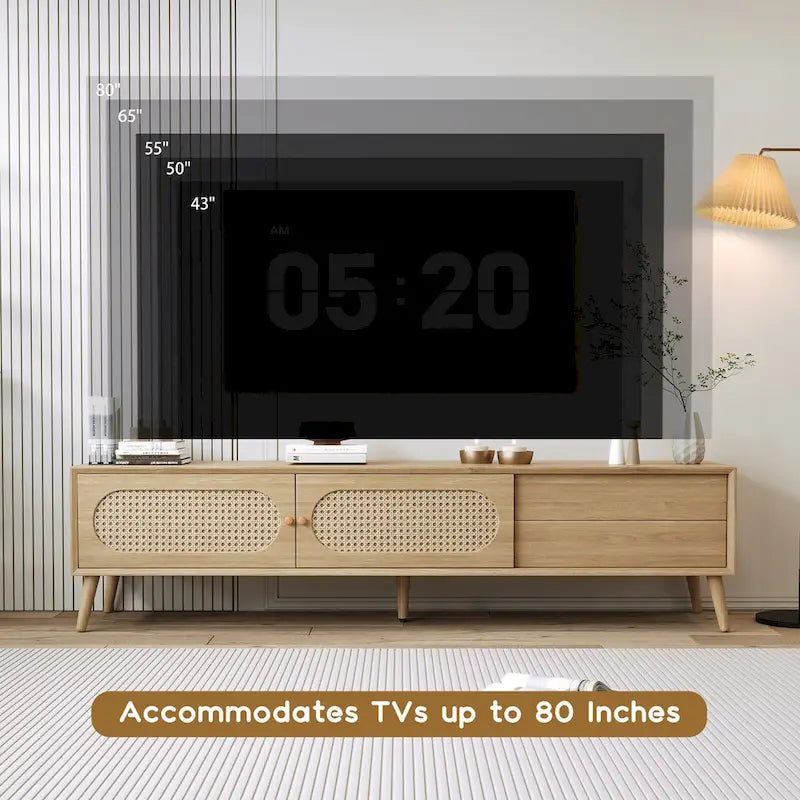 Meuble TV pour téléviseurs jusqu'à 80 pouces, Console multimédia de style ferme moderne, Meuble de divertissement avec pieds en bois massif