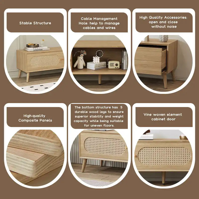 Meuble TV pour téléviseurs jusqu'à 80 pouces, Console multimédia de style ferme moderne, Meuble de divertissement avec pieds en bois massif