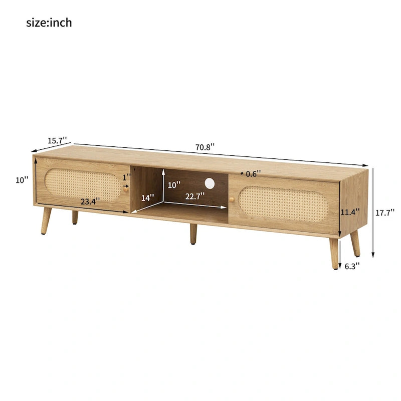 Meuble TV pour téléviseurs jusqu'à 80 pouces, Console multimédia de style ferme moderne, Meuble de divertissement avec pieds en bois massif