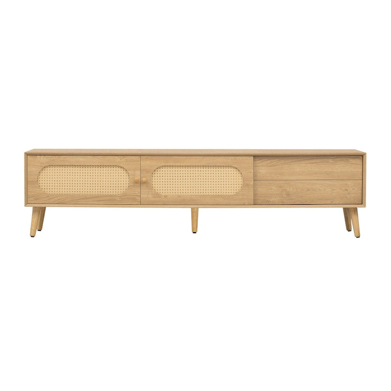 Meuble TV pour téléviseurs jusqu'à 80 pouces, Console multimédia de style ferme moderne, Meuble de divertissement avec pieds en bois massif