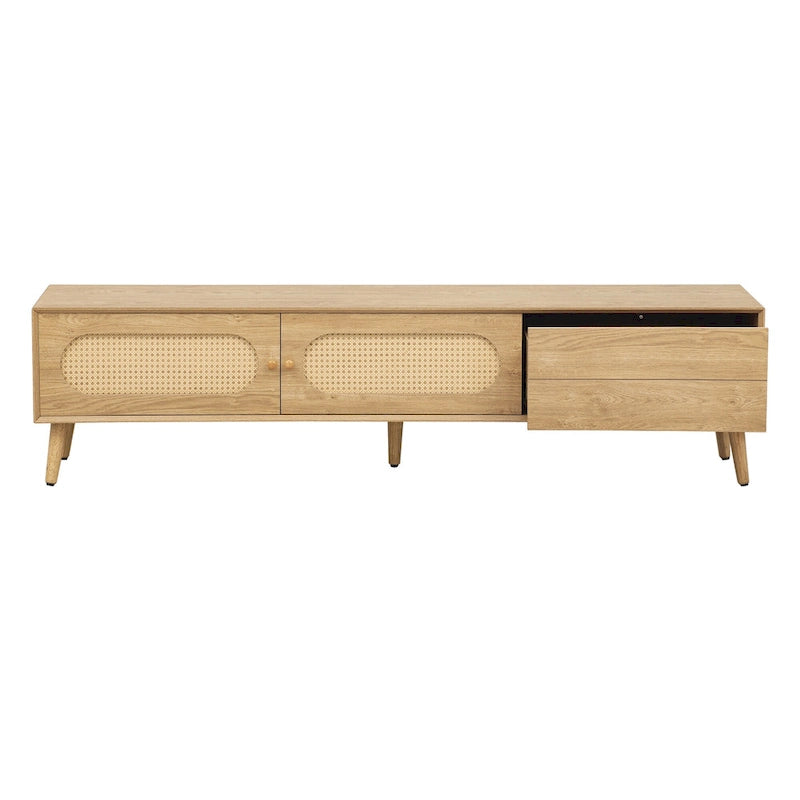 Meuble TV pour téléviseurs jusqu'à 80 pouces, Console multimédia de style ferme moderne, Meuble de divertissement avec pieds en bois massif