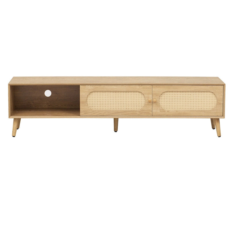 Meuble TV pour téléviseurs jusqu'à 80 pouces, Console multimédia de style ferme moderne, Meuble de divertissement avec pieds en bois massif